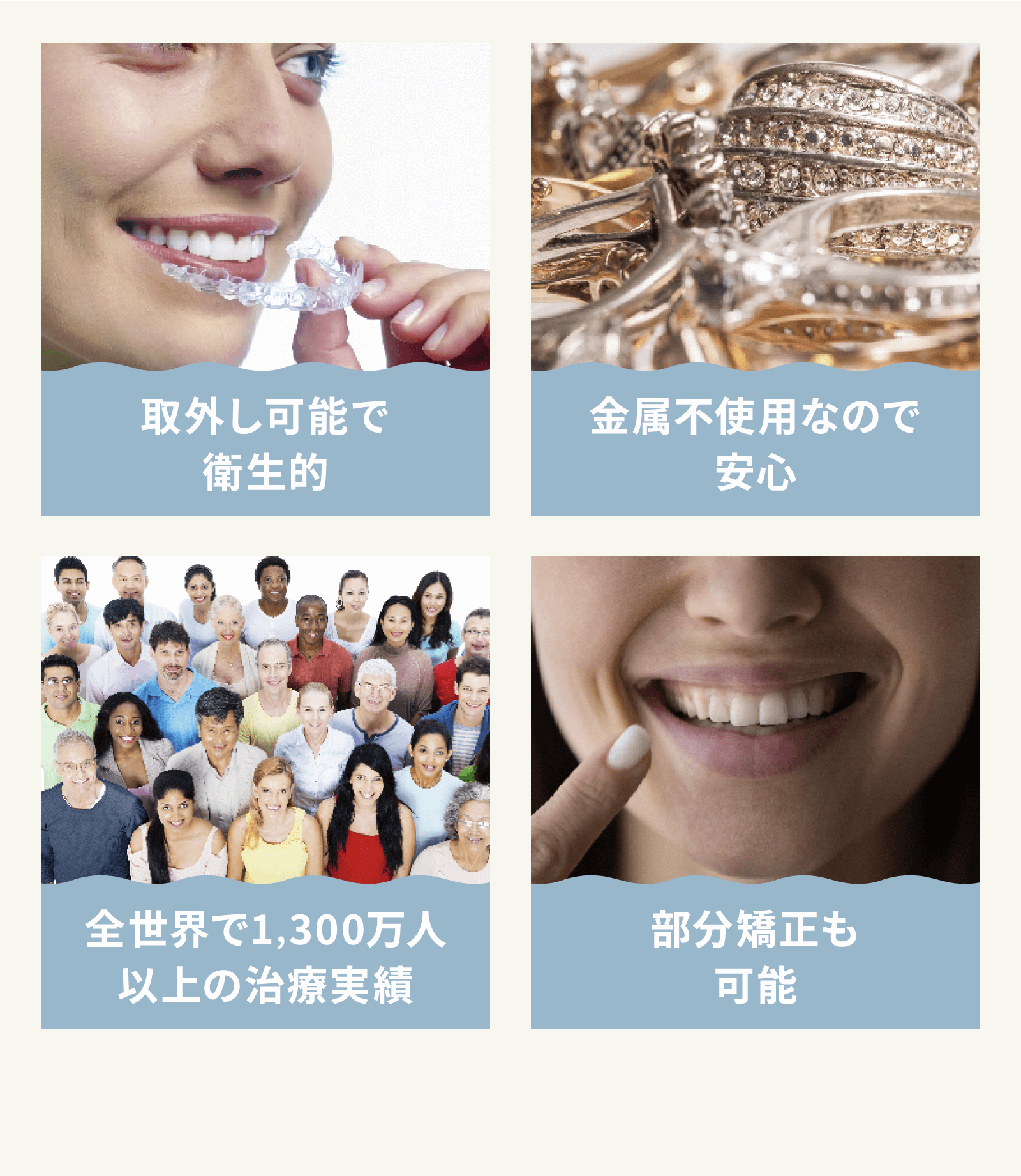 取り外し可能で衛生的 金属不使用なので安心 全世界で1,300万人以上の治療実績 部分矯正も可能